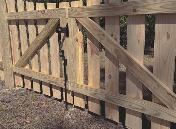 The back of a wood double gate, each leaf carrying a diagonal brace that runs from the bottom of the hinge side up toward the latch, with a drop rod at the center.