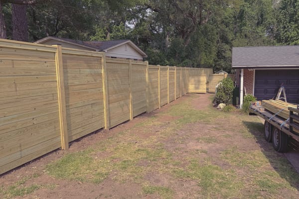 A long horizontal board fence with a capped top rail running the length of a side yard.