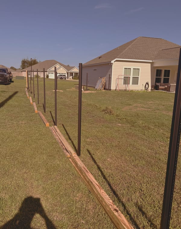 A line of black steel fence posts standing set in a new lawn before any pickets go on, with the rails laid out on the grass ready.