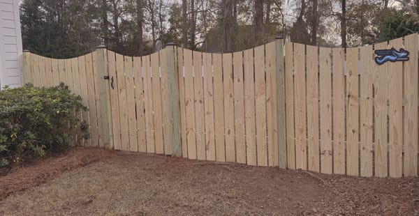 A privacy fence with a scalloped top, the curve of each bay following the line down a slight slope.
